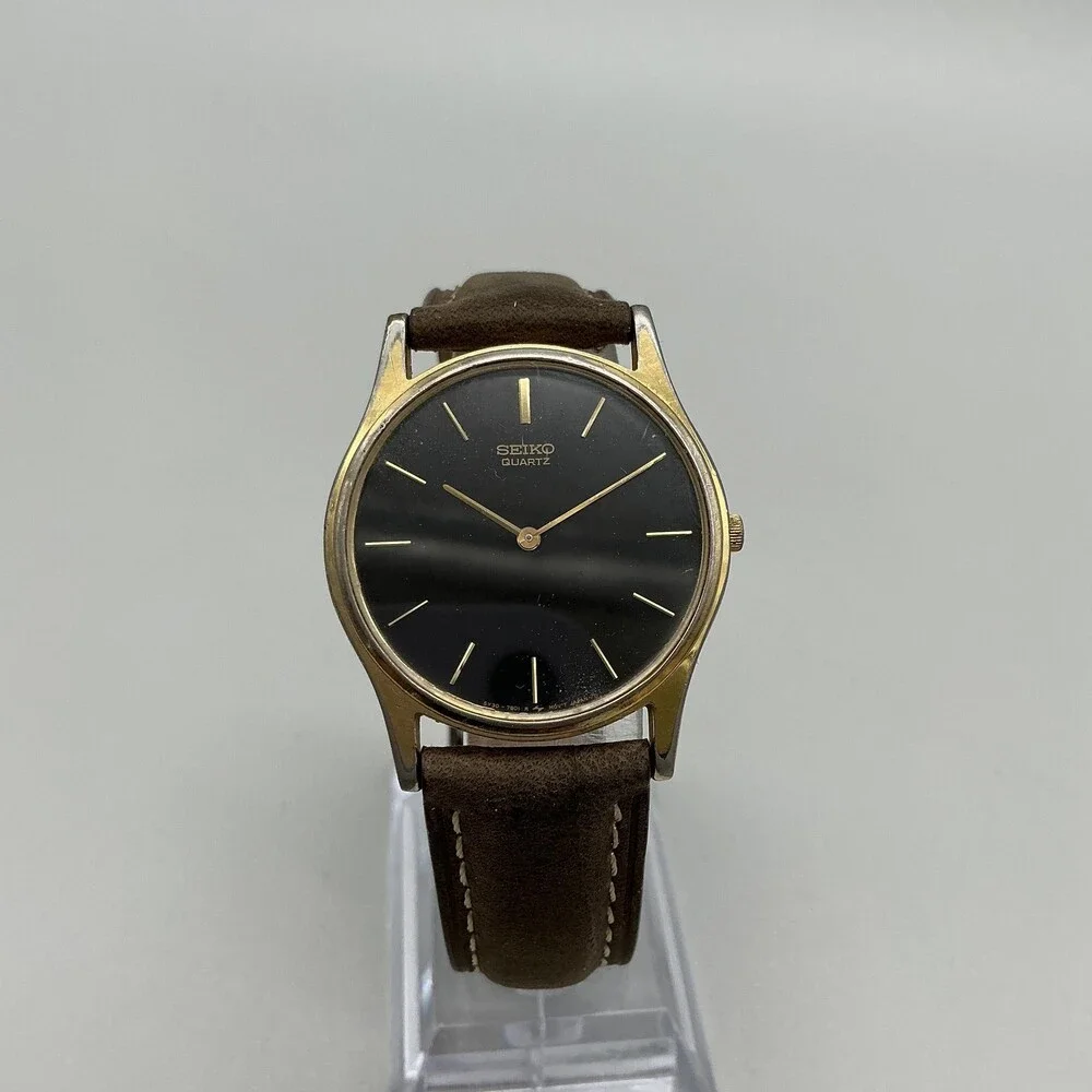 Vintage Seiko Mens Watch 32mm Black Dial Gold Tone Leather 5Y30-7A71 New Battery